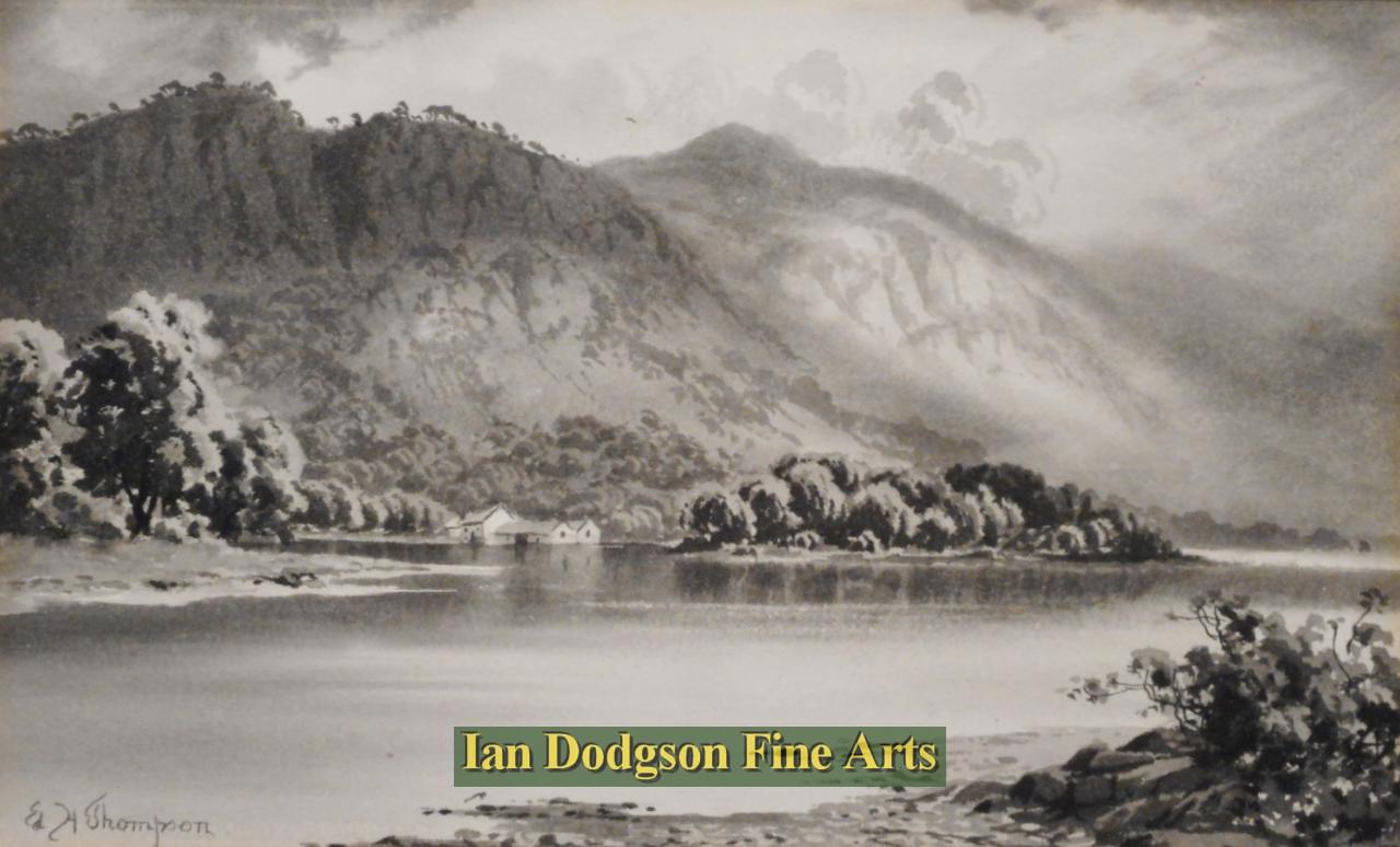 Edward H Thompson - Derwent Water with Walla & Falcon Crags Grisaille,  Gouache. (c1930)